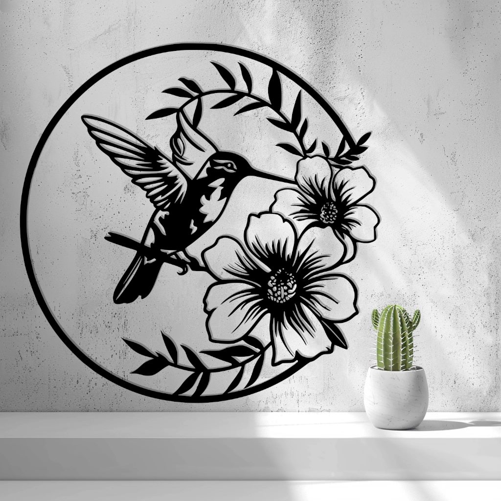 2D Hummingbird with Flowers Wall Art